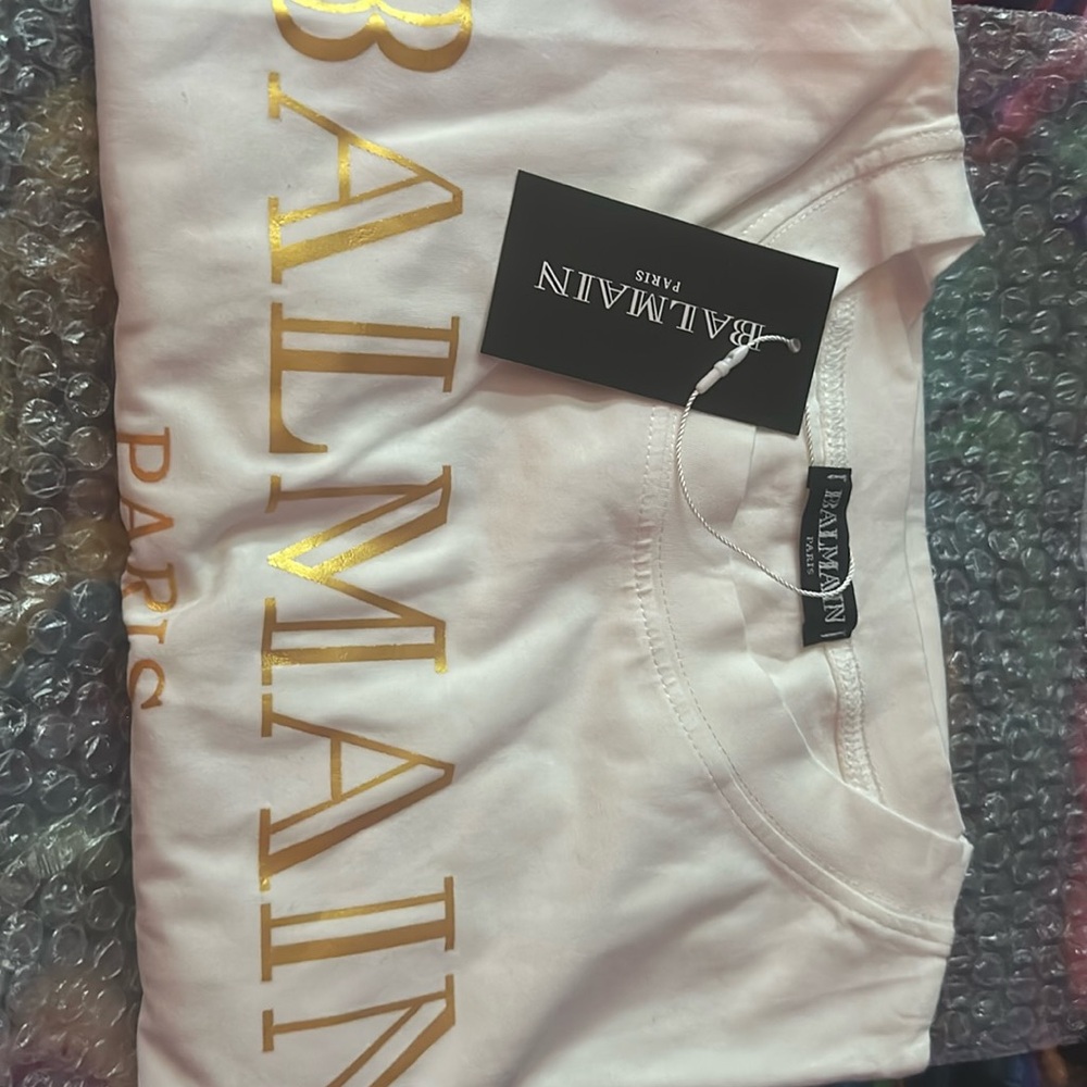 Balmain White Tee with Gold Foil Print, Short Sleeve, Size LG